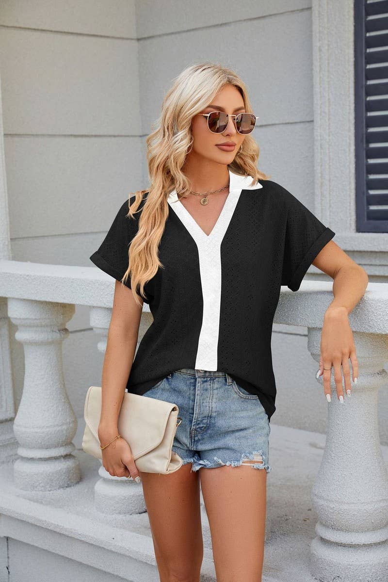 CWTTS0832_V-Neck Short Sleeve Knit Top