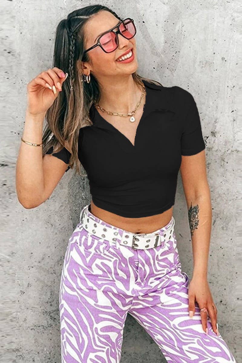 CWTBLS1809_SLIM FIT THREADED POLO NECK SHORT SLEEVE T-SHIRT