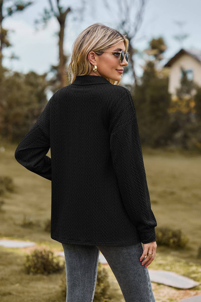 CWTBLL2415_SOLID COLOR LAPEL BUTTON LOOSE LONG SLEEVE TOP