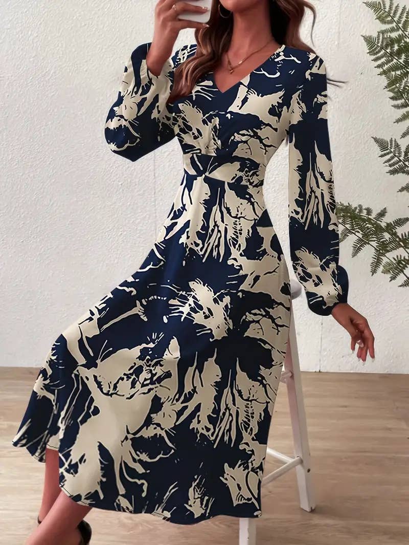 Cinched waist V-neck elegant printed long dress