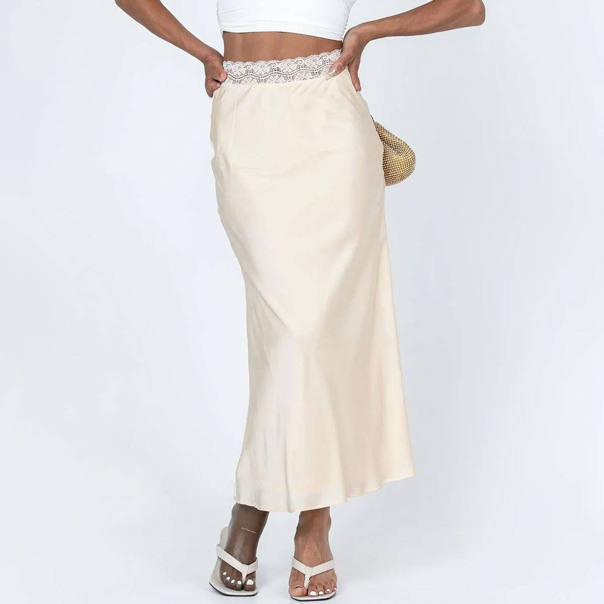LACE WAIST SATIN SKIRT ELASTIC HIP LONG SKIRT