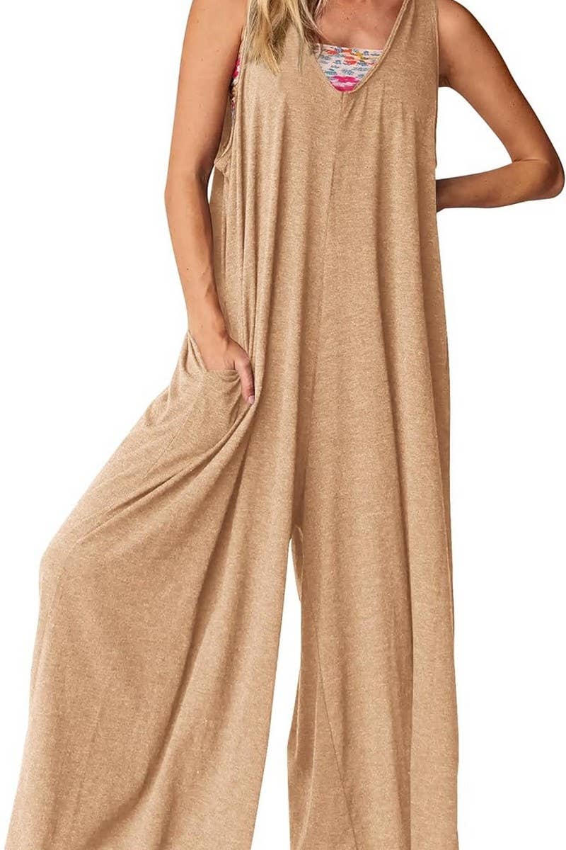 CWSJS00260_LOOSE SLEEVELESS VEST V-NECK WIDE-LEG JUMPSUIT
