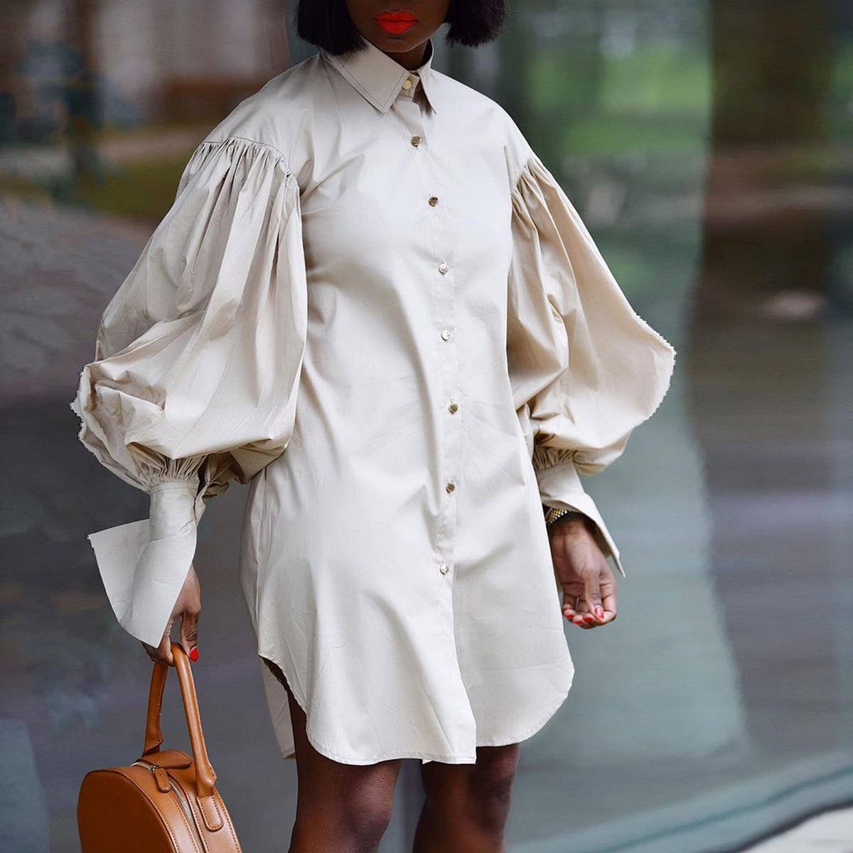 LOOSE PUFF SLEEVE SOLID COLOR CASUAL DRESS_CWDSD6067