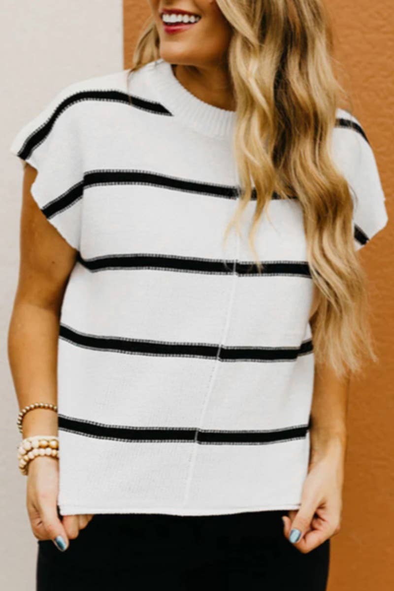 CWOSWSL0144_CASUAL CREW NECK STRIPED SLEEVELESS SWEATER VEST