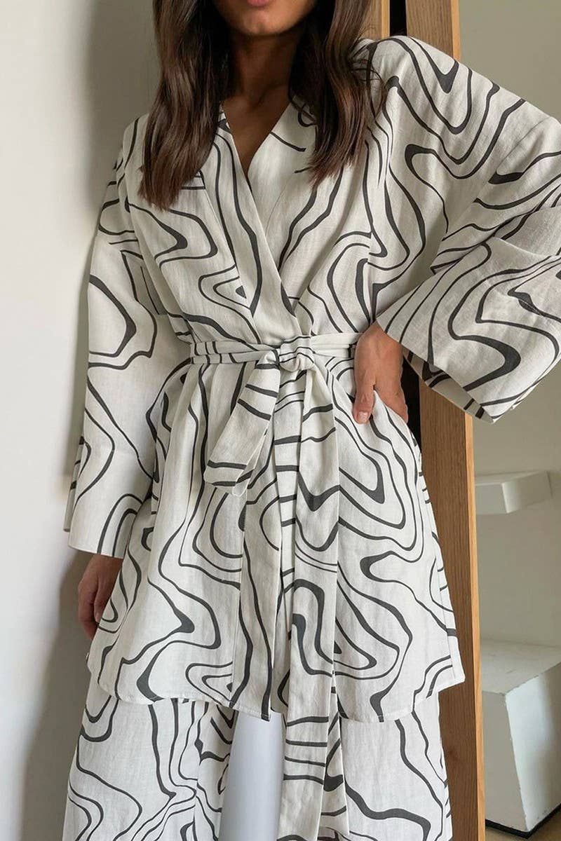 CWSPJ0363_PRINTED LACE-UP PAJAMAS THREE-PIECE SET