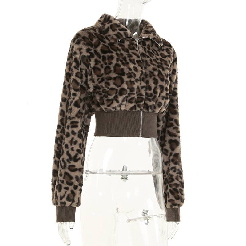 CROPPED WAIST FUR PATCHWORK LEOPARD PRINT JACKET