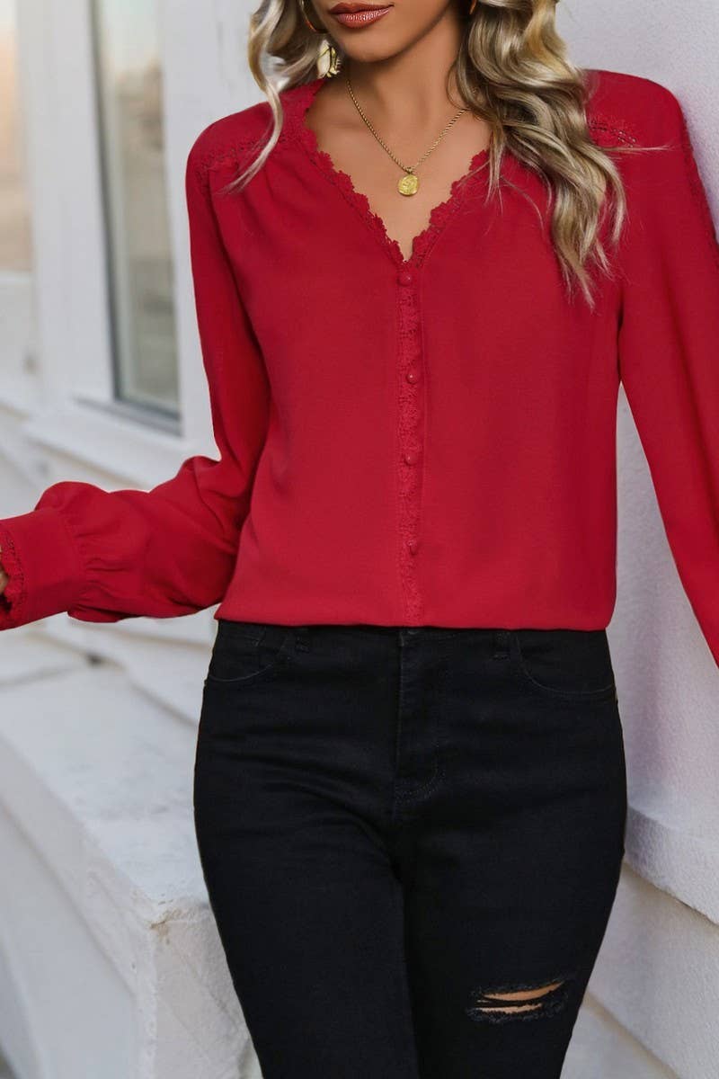 CWTBLL2280_V-NECK CASUAL LONG-SLEEVED RED SHIRT