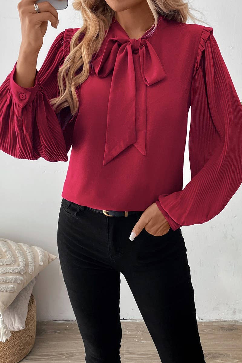 CWTBLL3701_TEMPERAMENT BOW TIE COLLAR LANTERN SLEEVE SHIRT