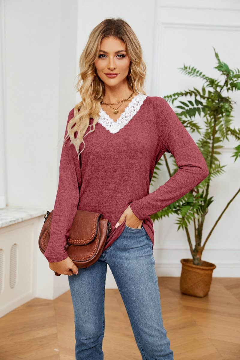 CWTBLL2385_V-NECK LACE LONG-SLEEVED LOOSE PULLOVER