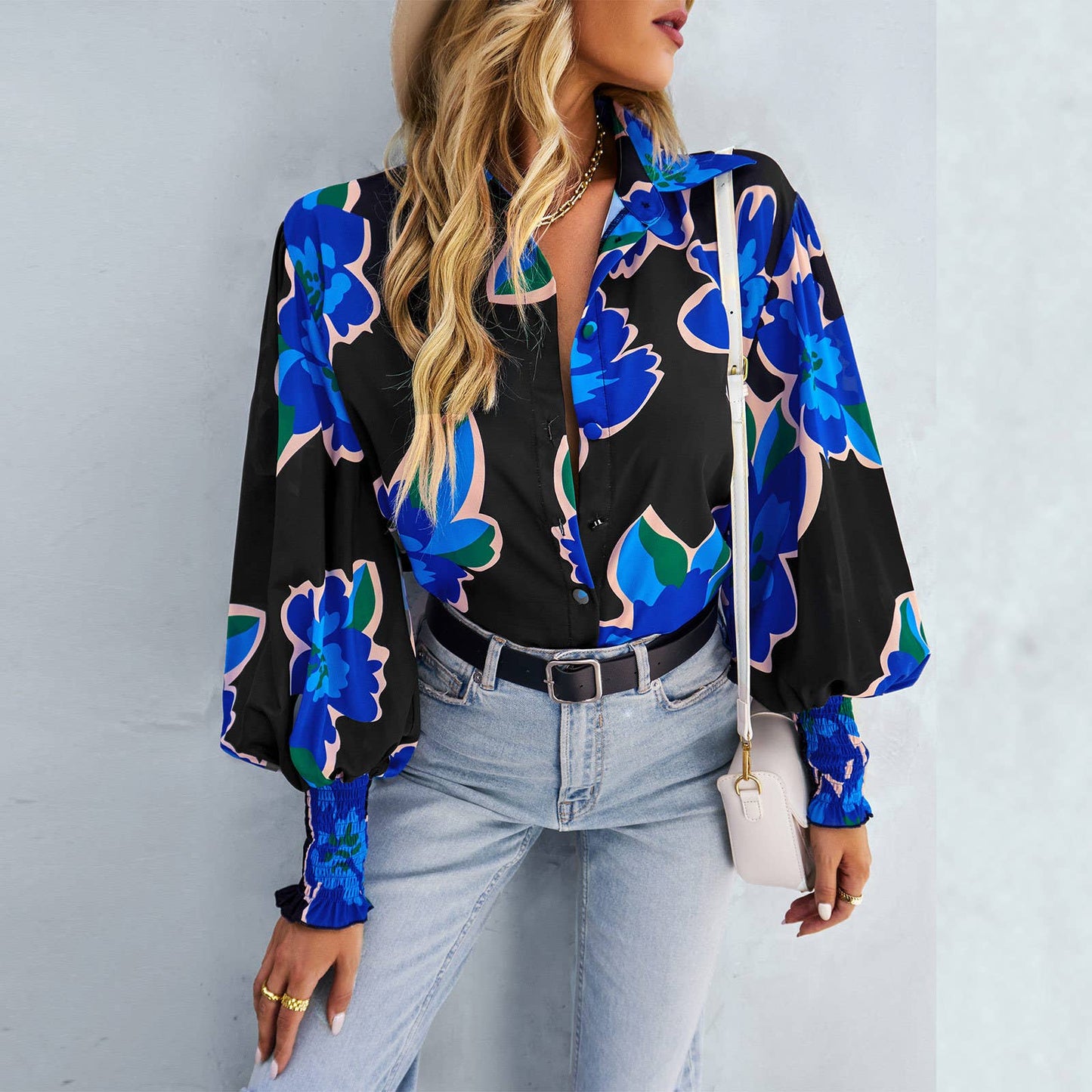 COLOR CONTRAST PRINT LOOSE CASUAL SHIRT FOR WOMEN