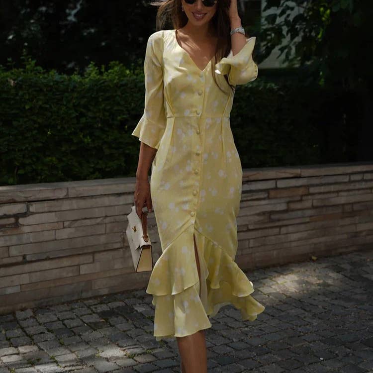 ASYMMETRICAL DESIGN V-NECK FLARED SLEEVE DRESS_CWDMD01096