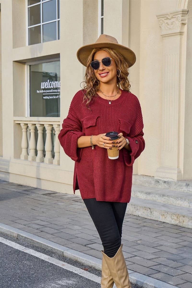 CWOSWL07605_SOLID COLOR LOOSE CREWNECK KNIT SWEATER