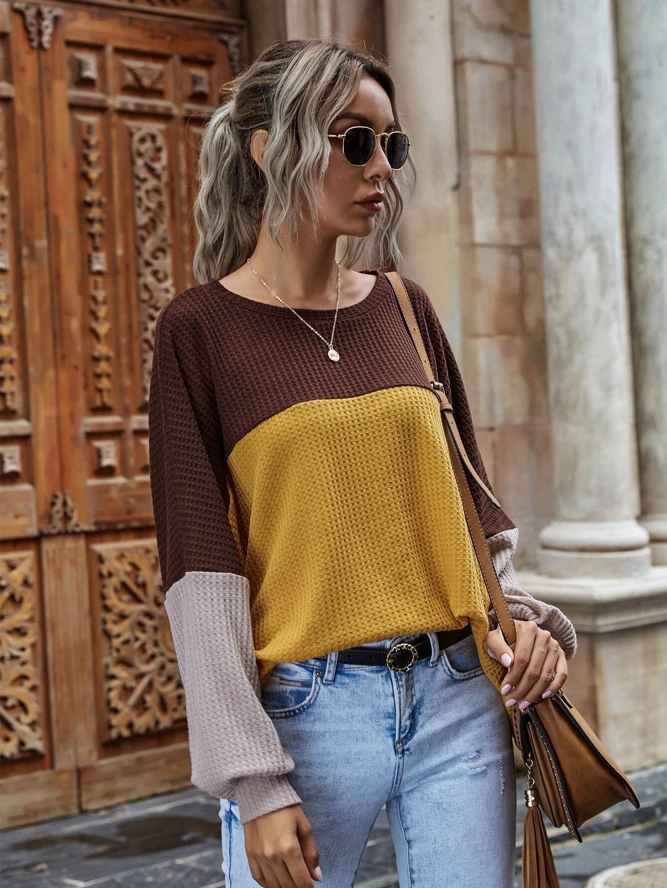 COLOR CONTRAST PATCHWORK LONG-SLEEVED CASUAL TOP