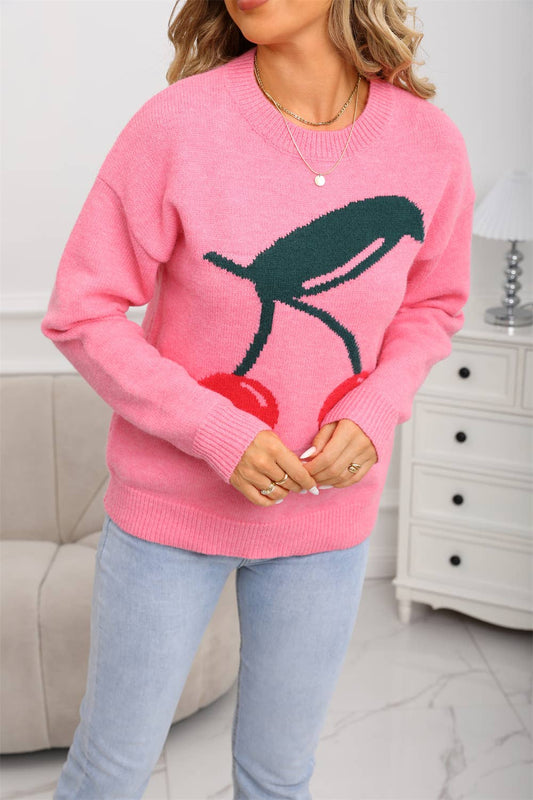 Cherry jacquard Valentine's Day knitted sweater