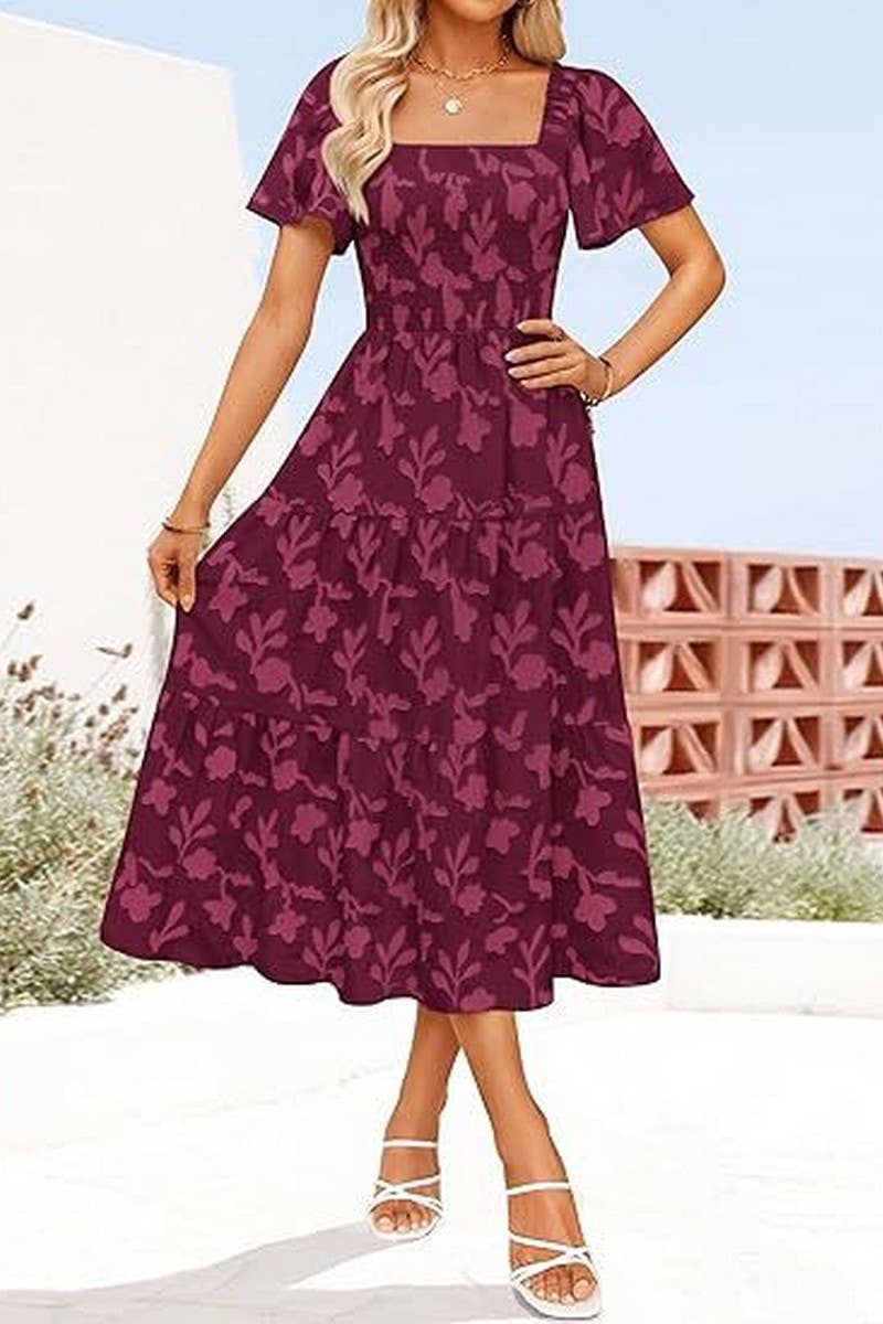 CWDMD6367_SQUARE NECK BOHEMIAN FLORAL MIDI DRESS