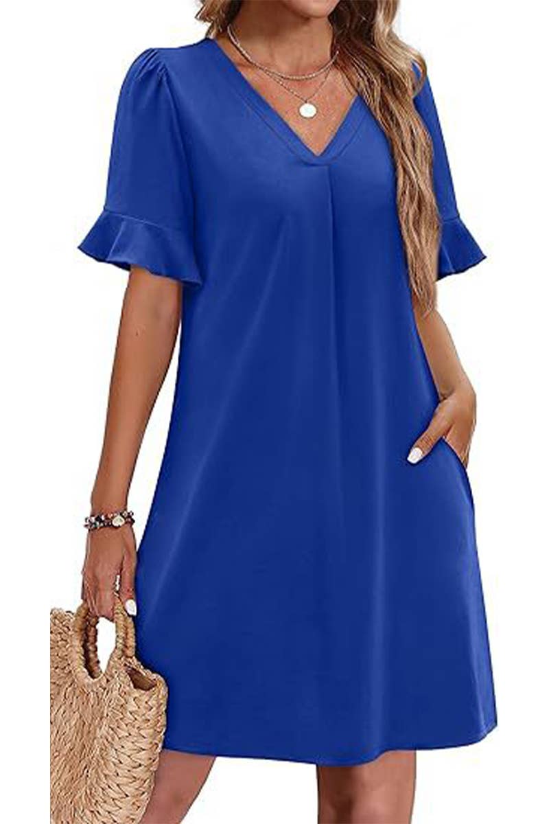CWDSD8811_V-NECK TRUMPET SLEEVES POCKET SHORT SLEEVE DRESS