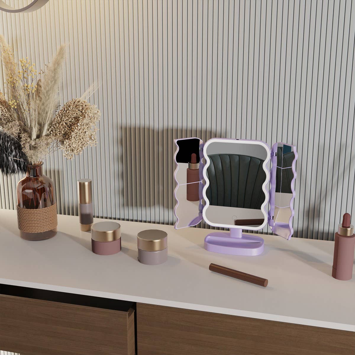 THREE-WAY LED MAKEUP MIRROR WITH WAVE SHAPE