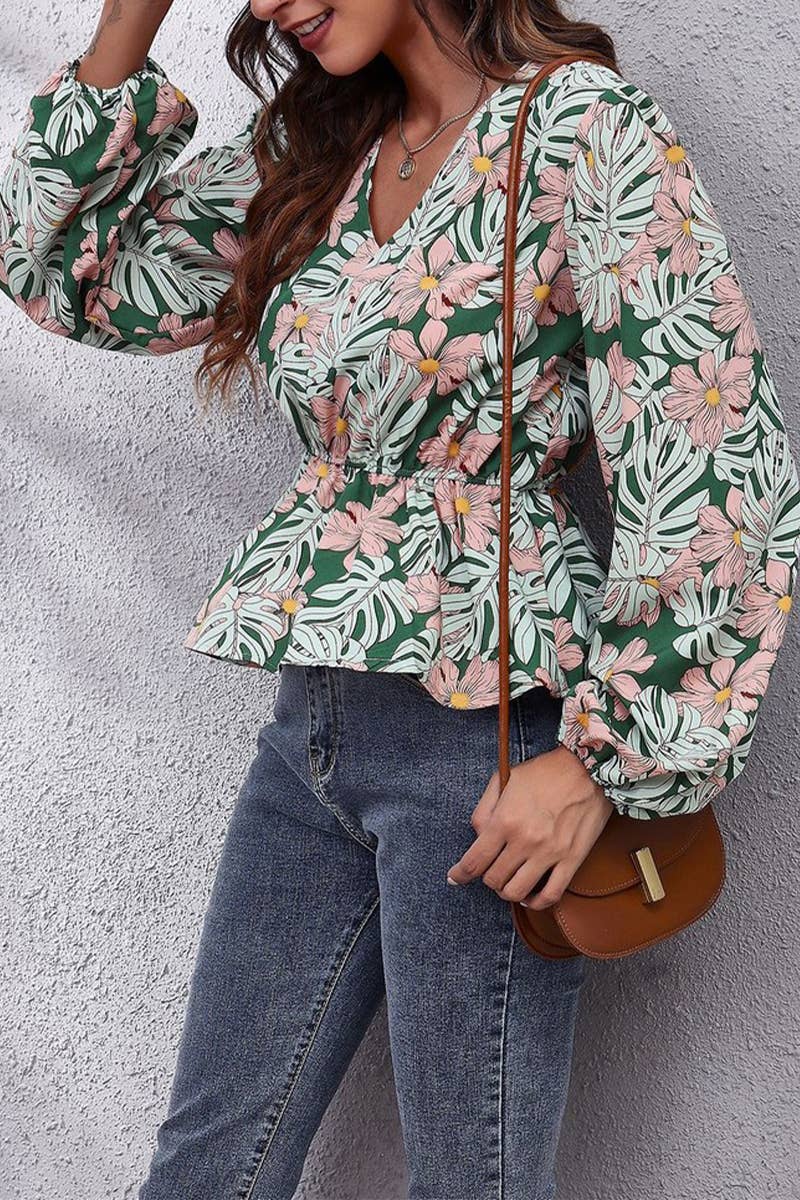 CWTBLL3759_V-NECK LANTERN SLEEVE LEAF PRINT CHIFFON SHIRT