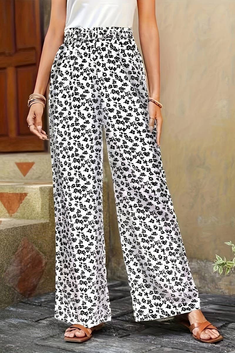 CWBLP1128_HIGH-WAISTED FLORAL LOOSE WIDE-LEG PANTS