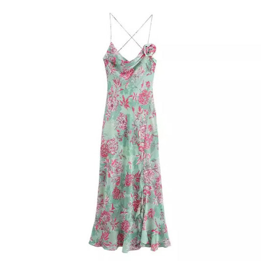 FLORAL PRINT HALTER HALTER DRESS WITH SWING COLLAR