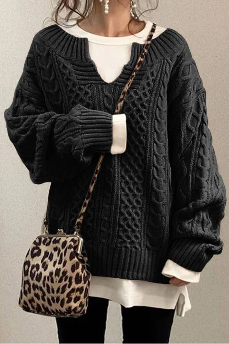 CWOSWL6645_CASUAL V-NECK LONG SLEEVE SWEATER WITH TWIST