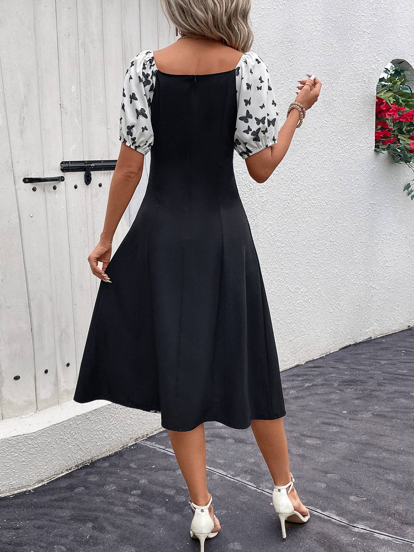 BUTTERFLY PRINT DRESS WITH LANTERN SLEEVES