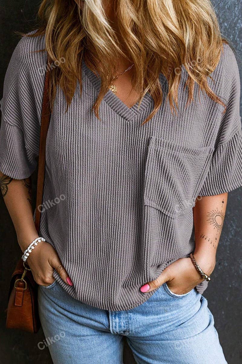 CWTTS1382_SUMMER FASHION POCKET SHORT SLEEVE V NECK TOP