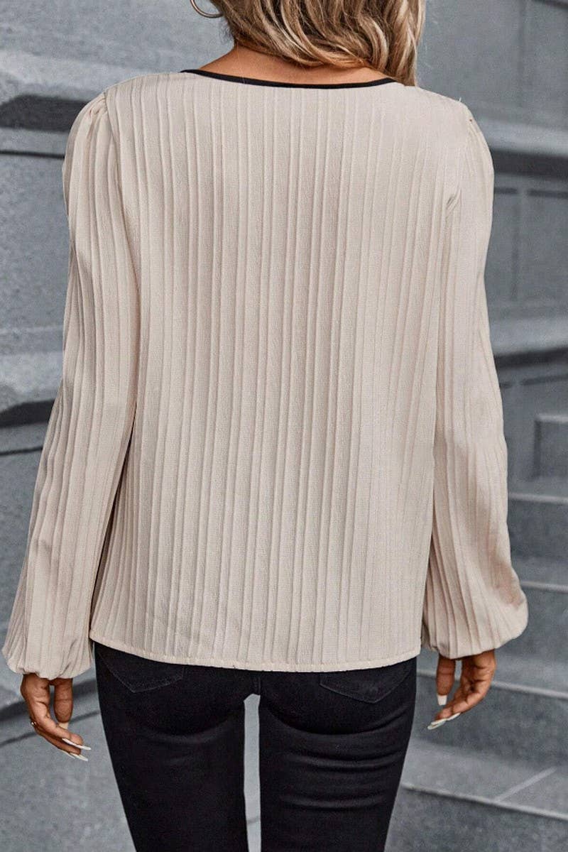 CWTBLL4007_COLORBLOCK V-NECK PUFF SLEEVE LONG SLEEVE SHIRT