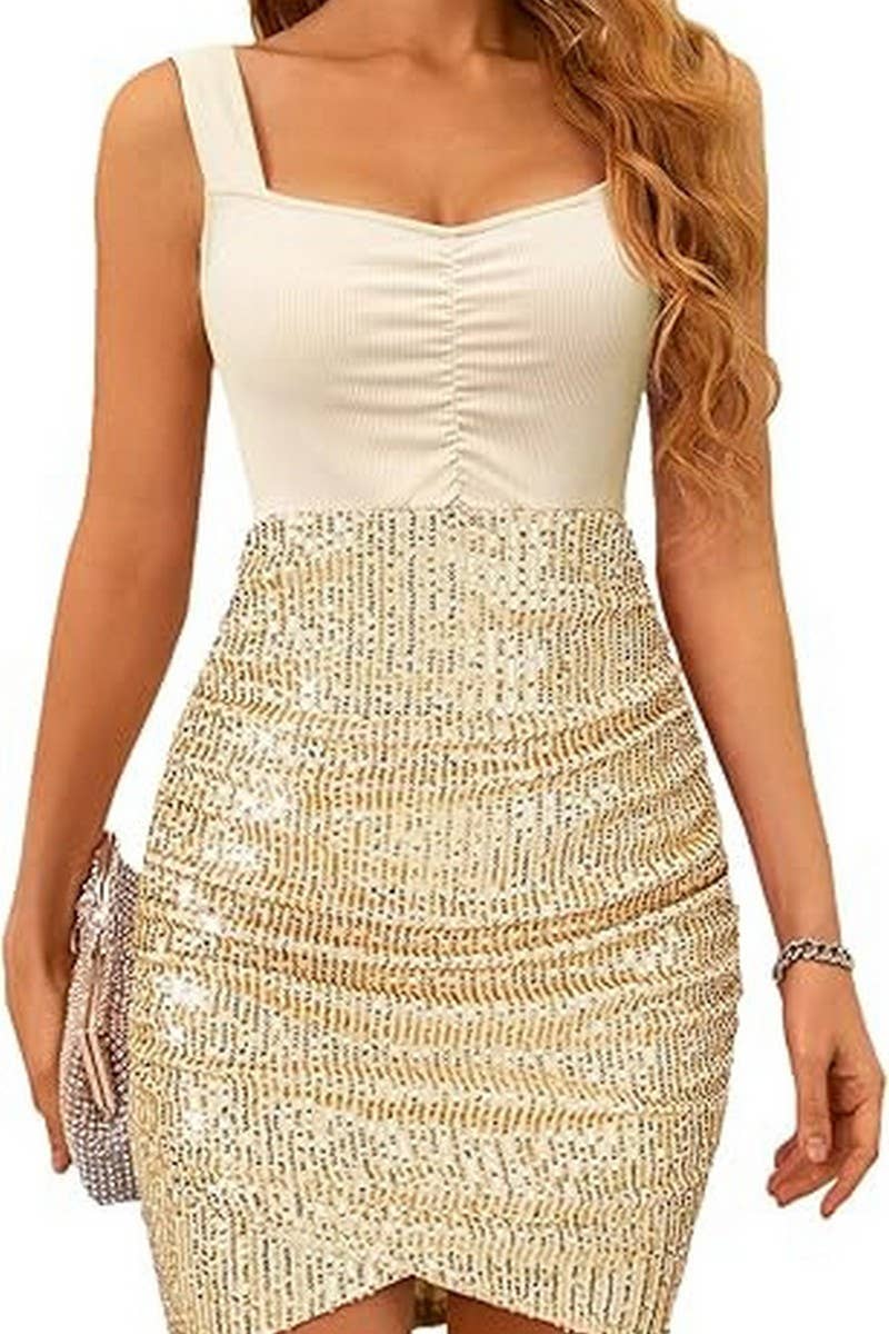 CWDSD7949_SEQUIN V-NECK PLEATED BODYCON MINI DRESS