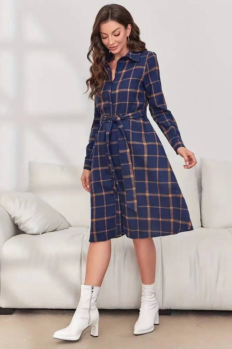 CWTDSL0125_PLAID LONG SLEEVE BELTED MIDI SHIRT DRESS
