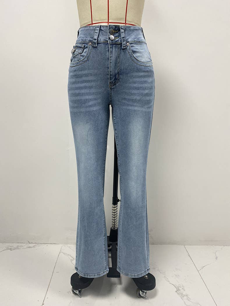 DOUBLE BUTTON MID-WAIST STRAIGHT LEG JEANS