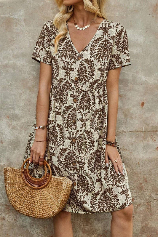 CWDSD7522_SUMMER FASHION PRINTED V-NECK LOOSE DRESS