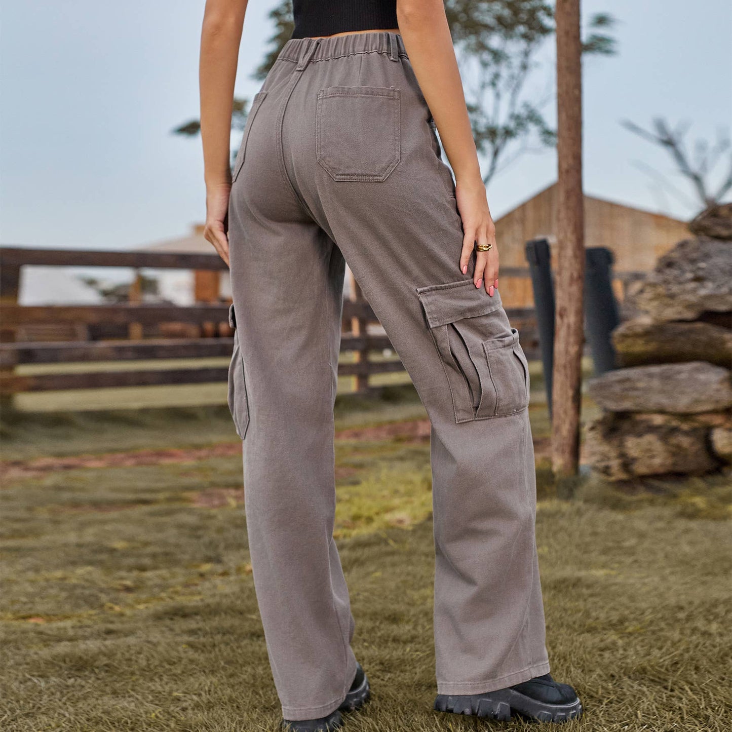 ELASTIC-WAISTED DENIM CASUAL CARGO PANTS