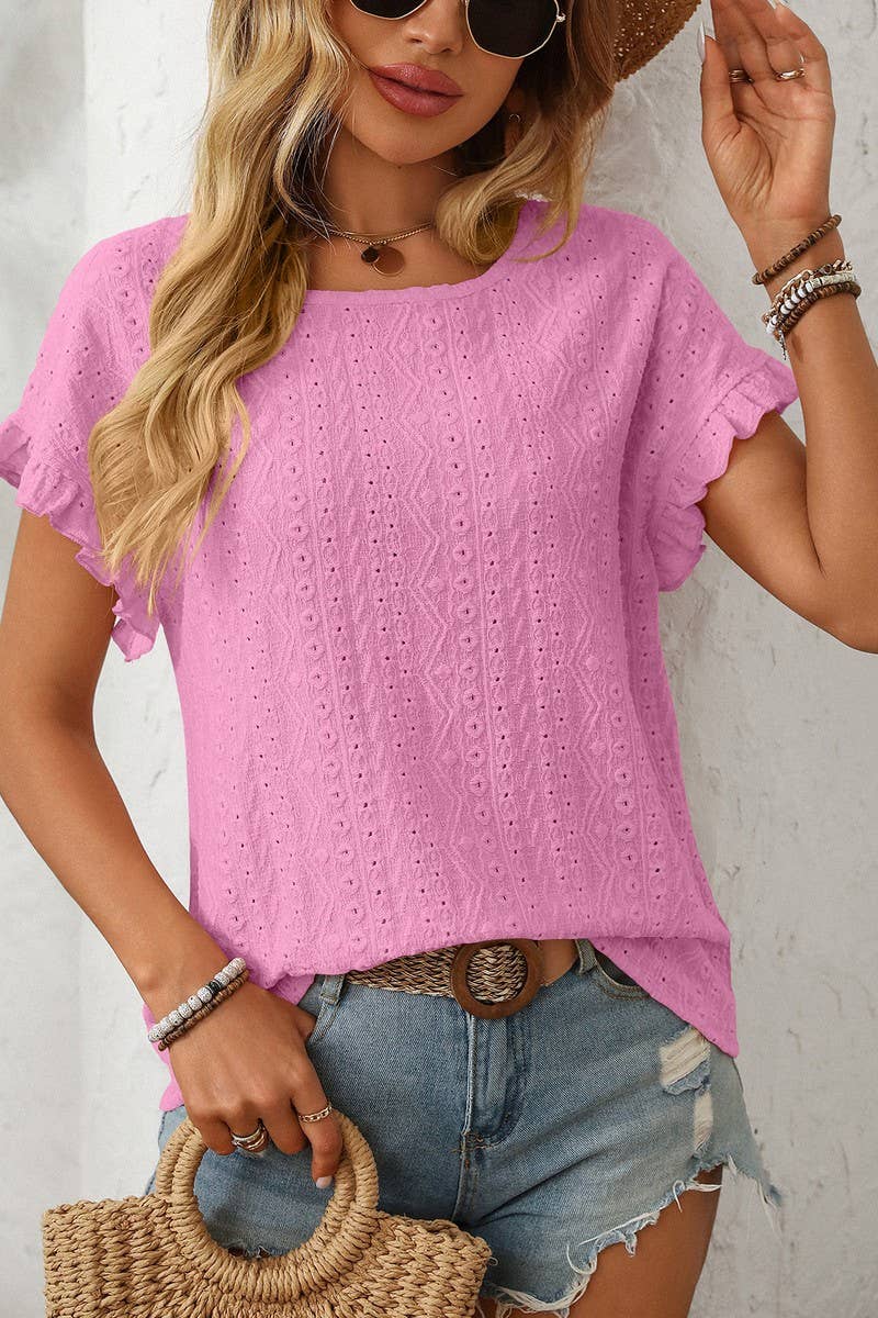 CWTBLS1710_SOLID COLOR ROUND NECK SHORT SLEEVE HOLLOW TOP