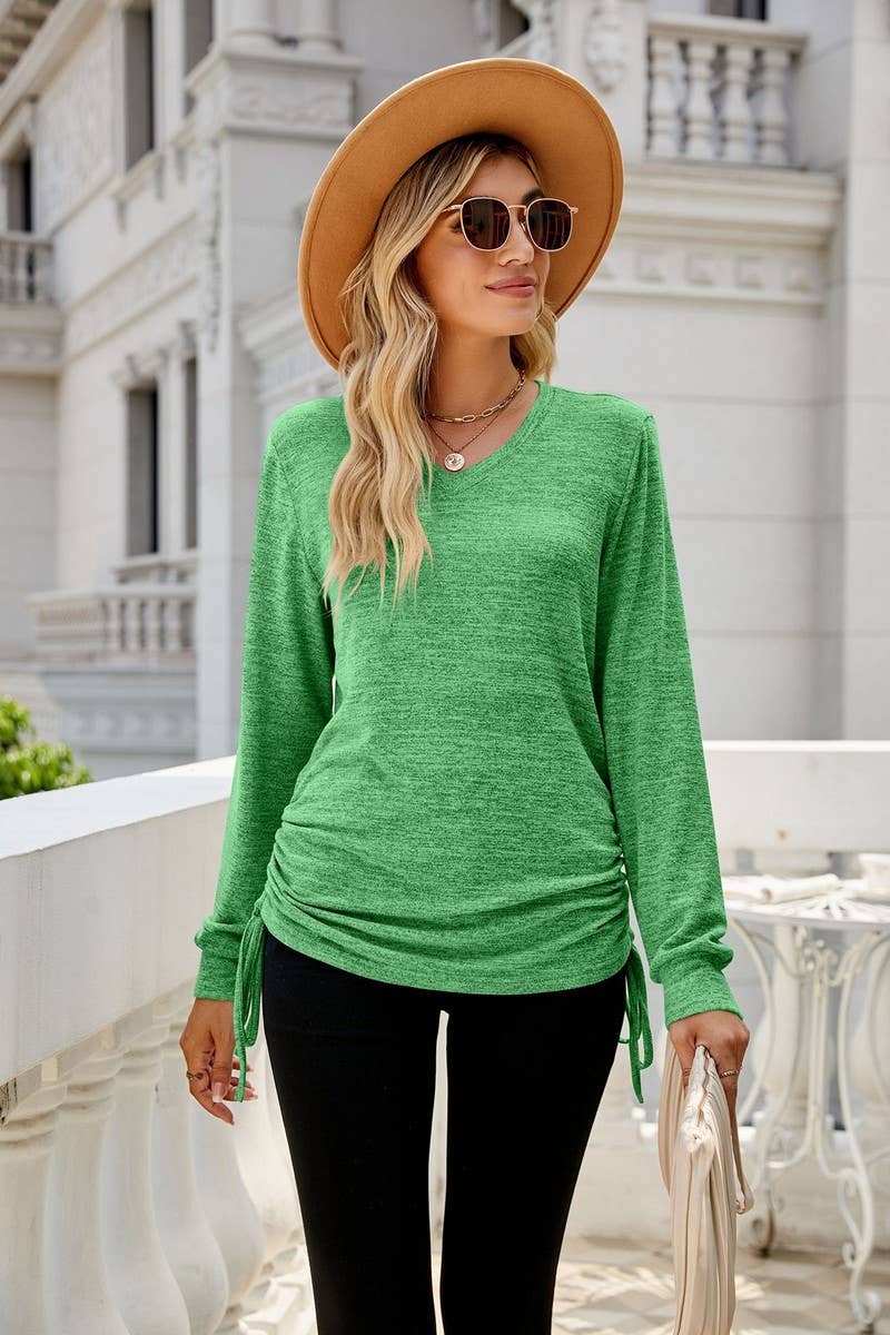 CWTBLL2405_SOLID COLOR LONG SLEEVE V-NECK PLEATED LOOSE TOP