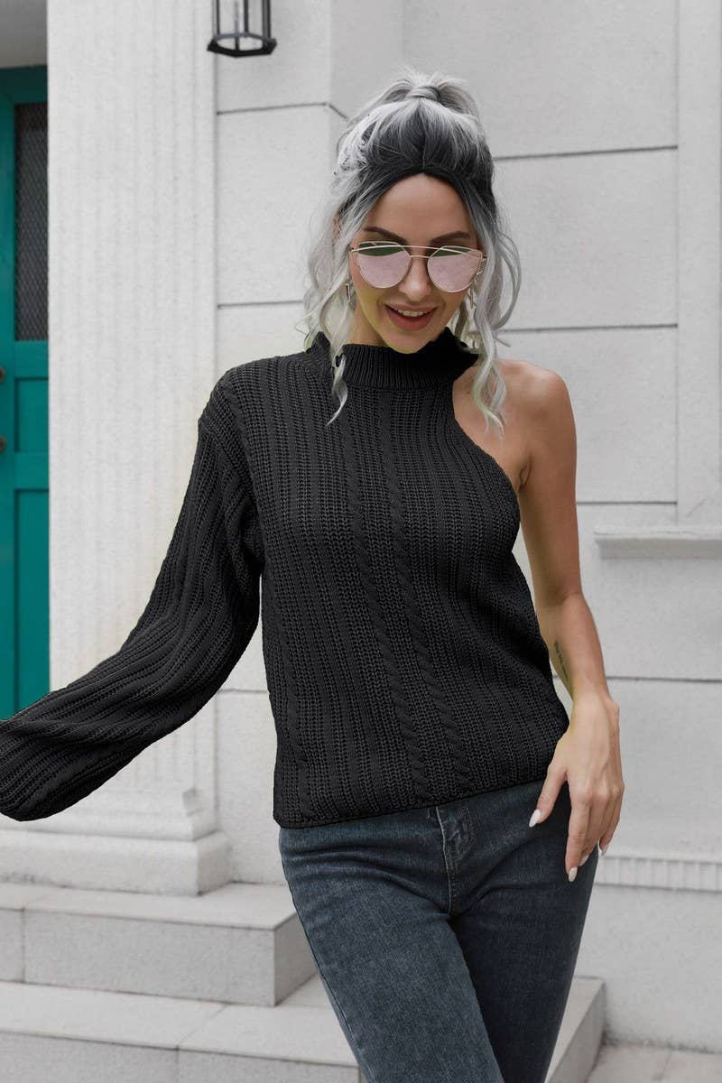 CWOSWL4151_ONE-SHOULDER LOOSE-FITTING KNIT SWEATER