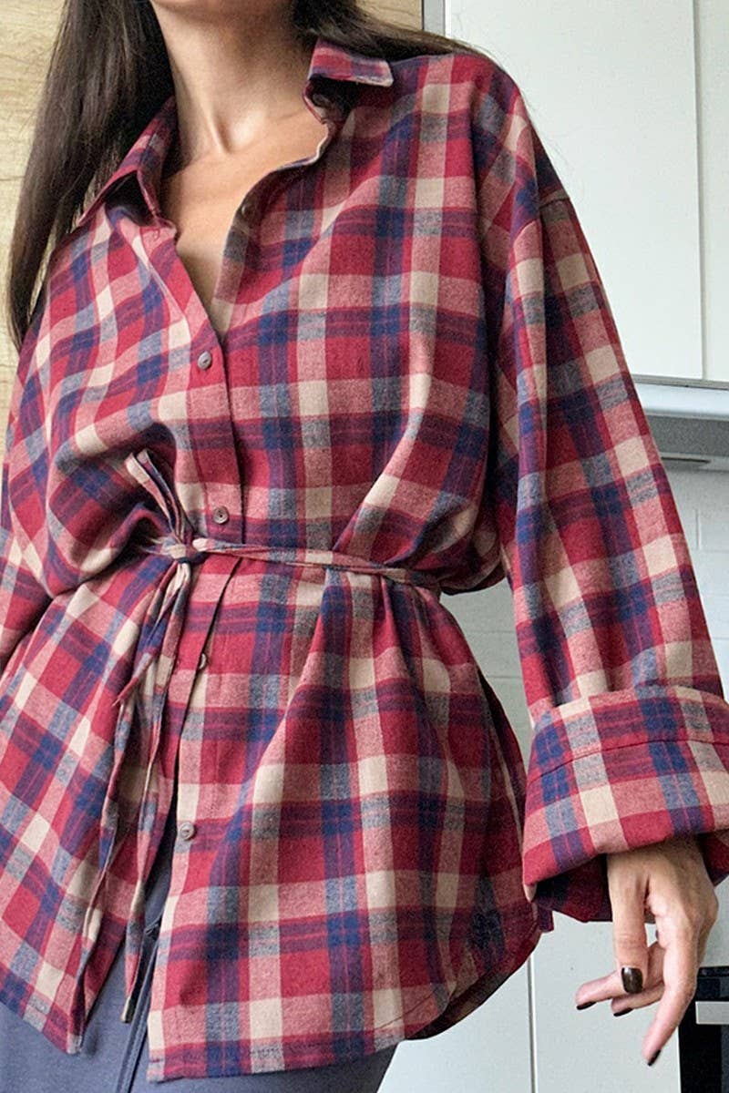 CWTBLL00579_LOOSE RETRO LACE-UP PLAID LONG-SLEEVED SHIRT