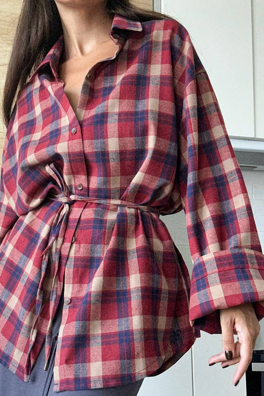 CWTBLL00579_LOOSE RETRO LACE-UP PLAID LONG-SLEEVED SHIRT