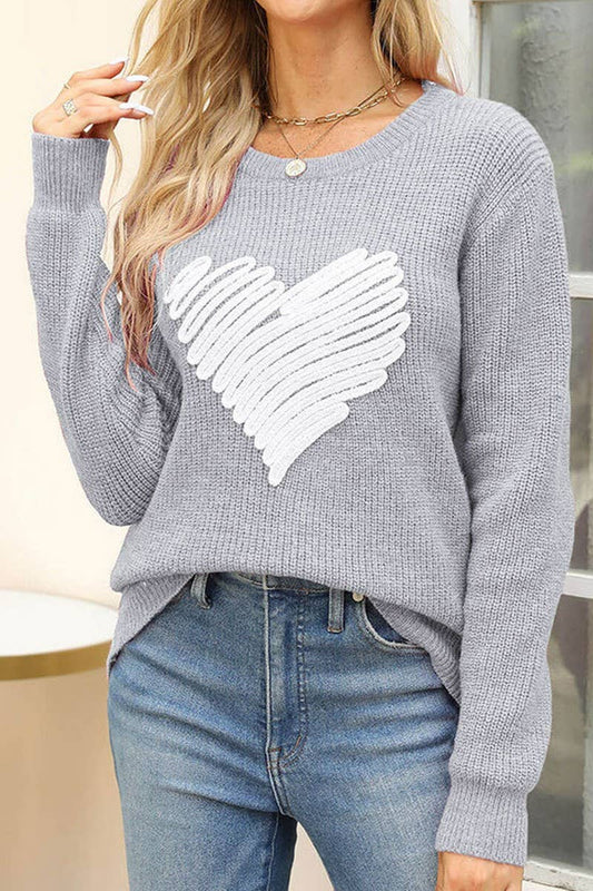 CWOSWL5811_HEART EMBROIDERED LOOSE CREW NECK SWEATER