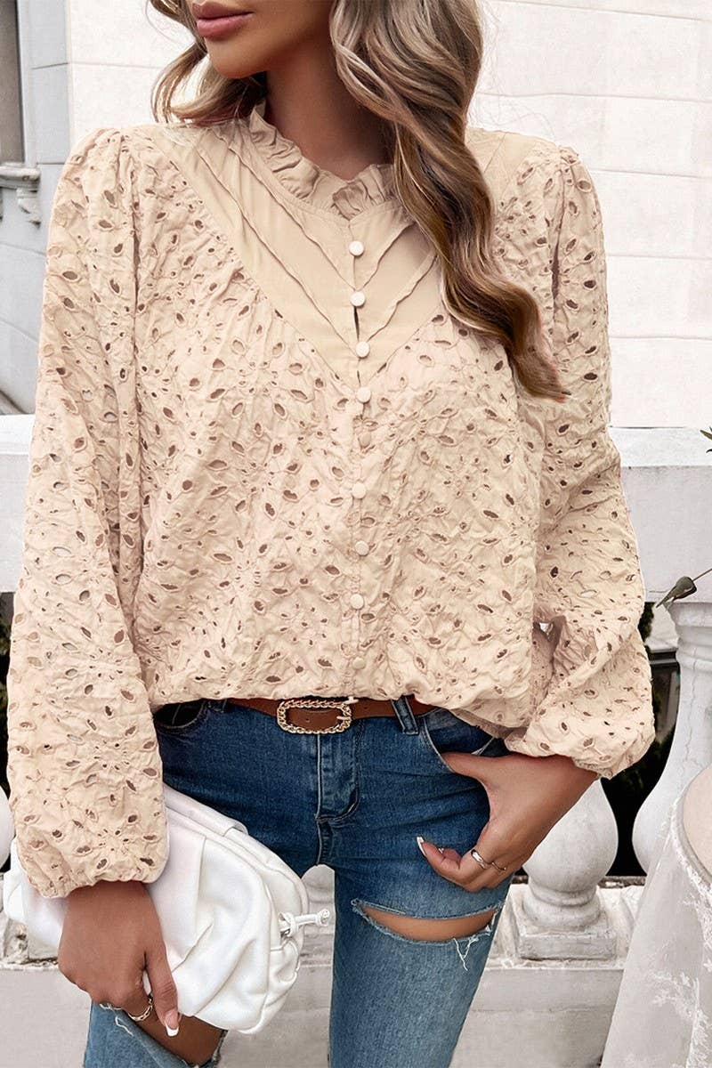 CWTSTL2732_ELEGANT HOLLOW PUFF SLEEVE EMBROIDERED TOP