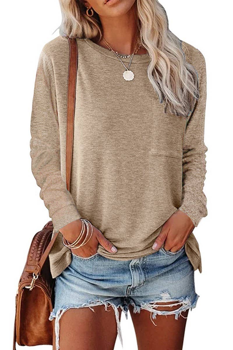 CWTBLL3692_ROUND NECK LONG SLEEVE CASUAL LOOSE BOTTOMING TOP