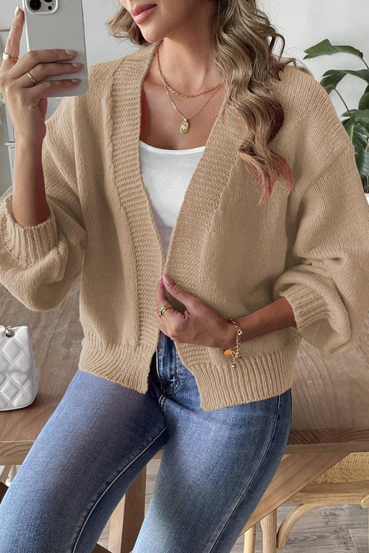 CWOSWL07398_WOMEN LANTERN SLEEVE KNIT CARDIGAN SWEATER