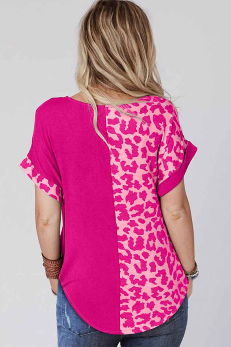 CWTBLS1324_SUMMER CREW-NECK LEOPARD PRINT SHORT-SLEEVED TOP