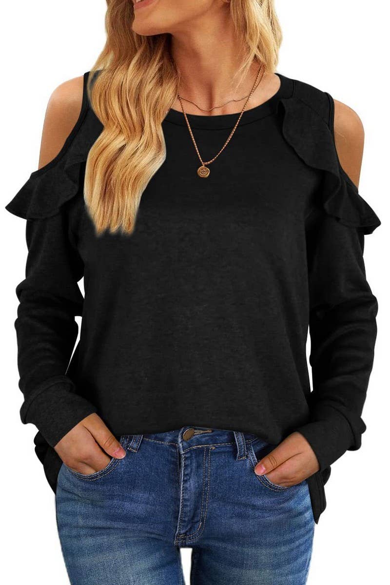 CWTBLL2671_ROUND NECK OFF-SHOULDER RUFFLED LOOSE TOP