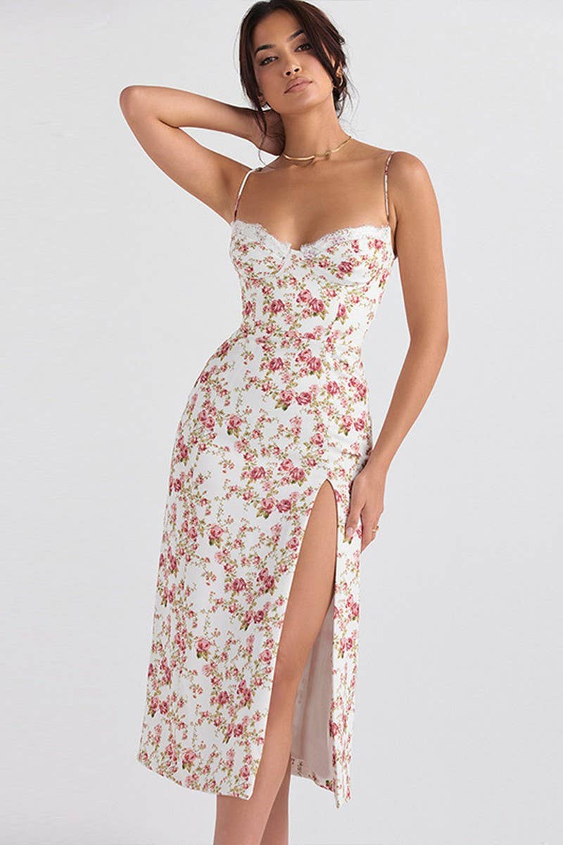 CWDMD4132_SMALL FLORAL BOHEMIAN SLIT SEXY SUSPENDER DRESS