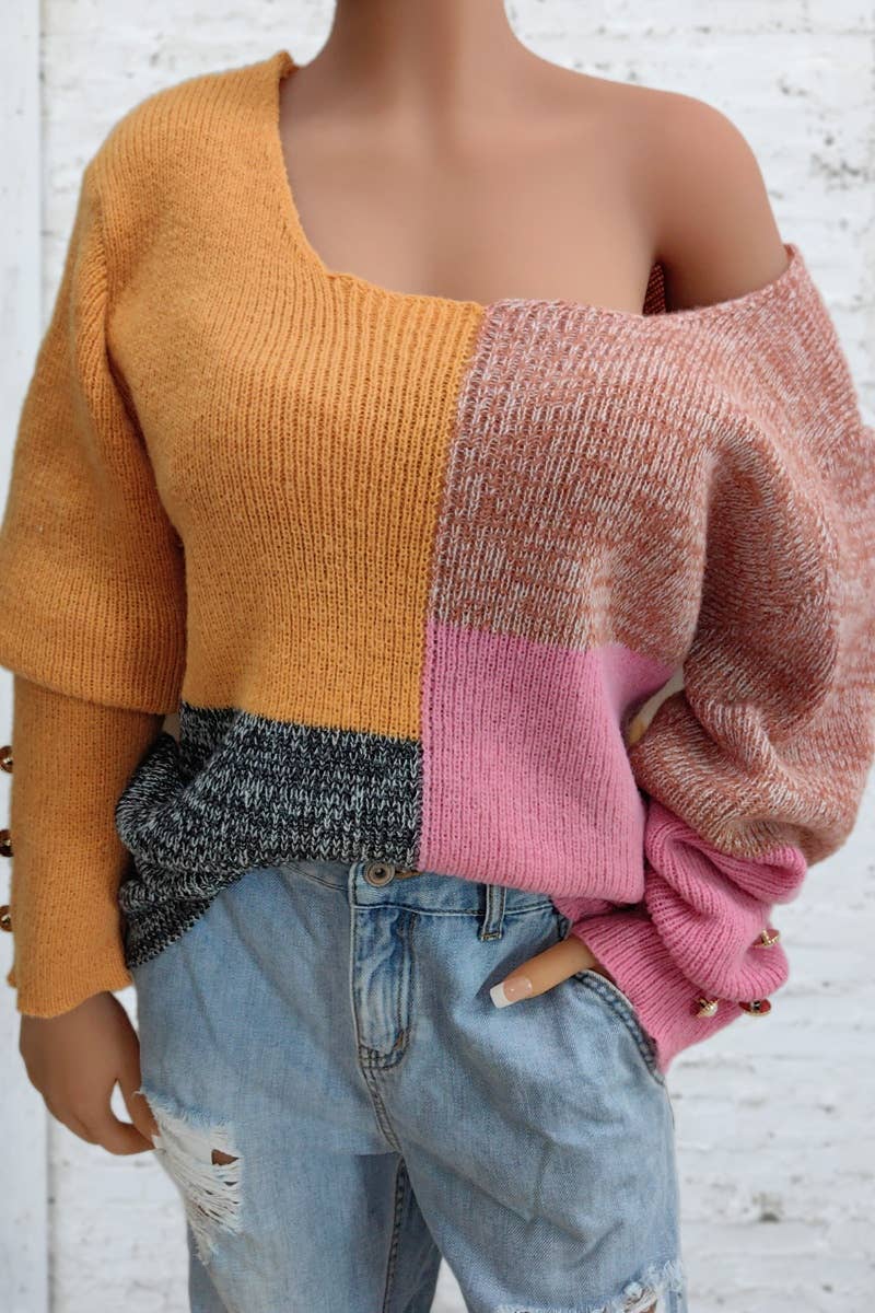 CWOSWL6723_U-NECK COLOR MATCHING LONG-SLEEVED SWEATER