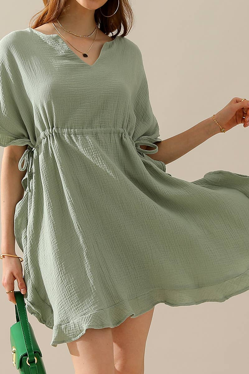 CWDSD10360_DRAWSTRING WAIST SOFT COTTON RUFFLE HEM DRESS
