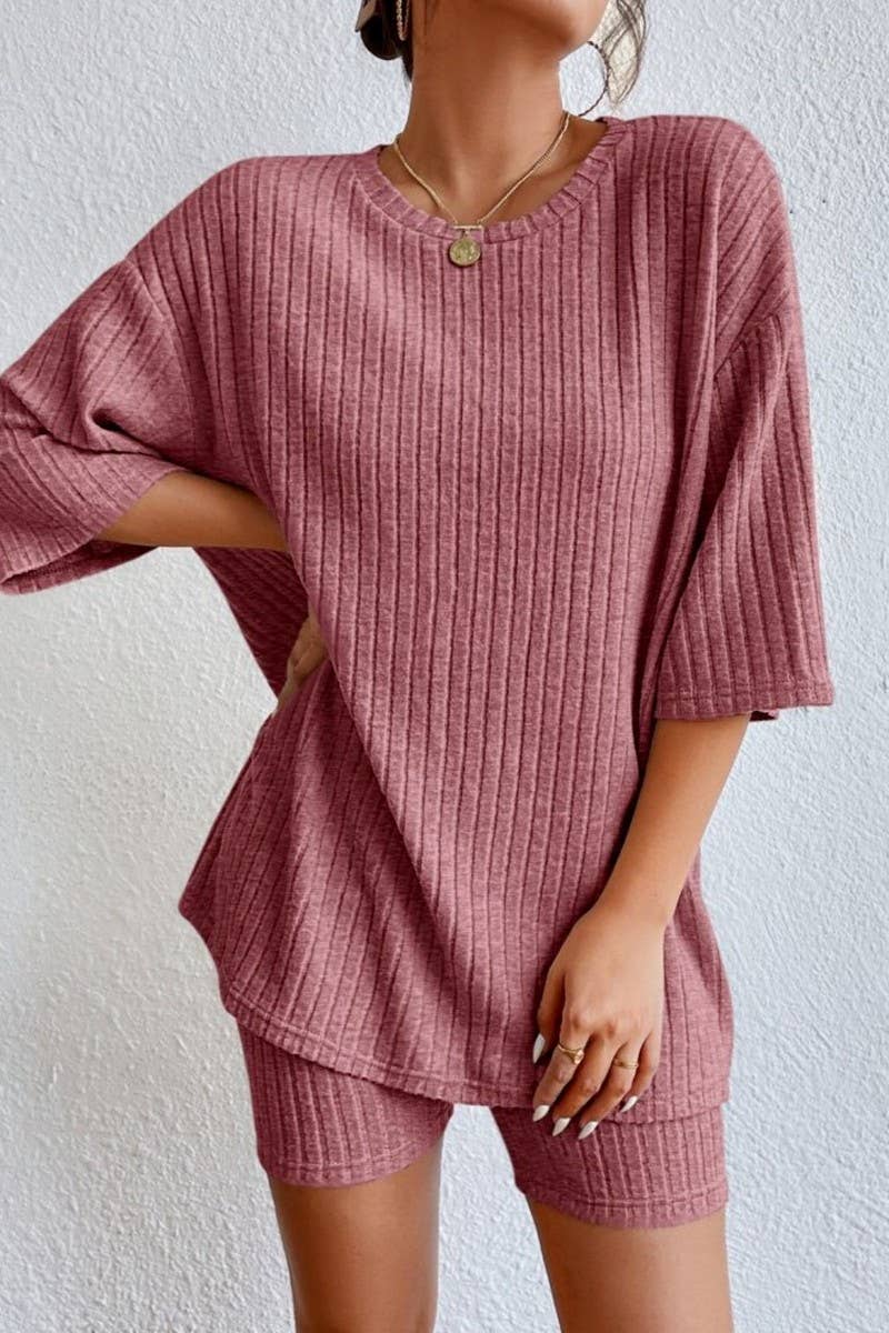 CWSTB1361_SOLID COLOR ROUND NECK LOOSE TOP AND SHORTS SET