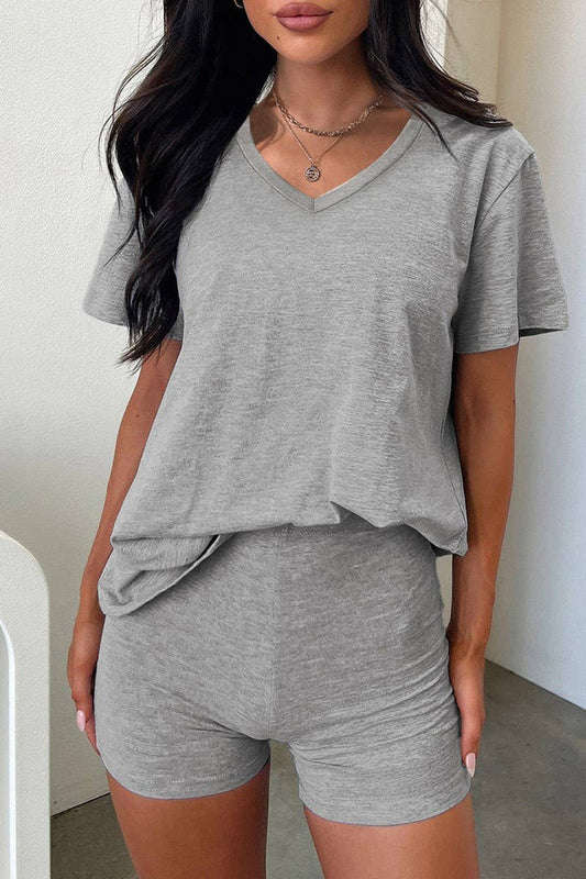 CWSS1080_V-NECK SOLID COLOR SHORT-SLEEVED SHORTS SUIT