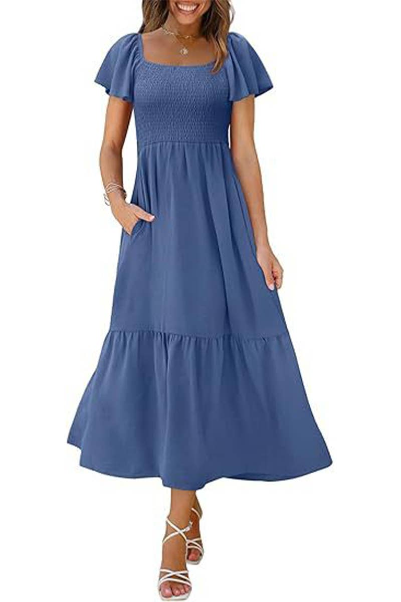 CWDMD6363_SQUARE NECK BUTTERFLY SLEEVE SHIRRED POCKET DRESS